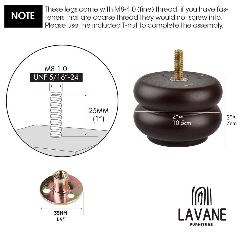 La Vane 3 Inch / 7cm Round Chunky Bun Feet - 4.5" Wide, 50% Wider for Maximum Stability & 1000LB Capacity - 4PCS Solid Wood Furniture Legs for Heavy Duty Sofa, Ottoman, Cabinet - Image 4